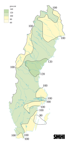 Karta över beräknade markvattenhalt i procent av den normala, 24 oktober 2006