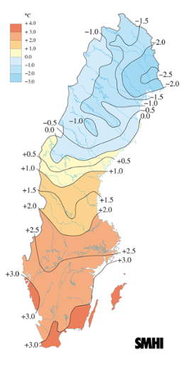 Medeltemperaturens avvikelse från det normala i oktober 2006
