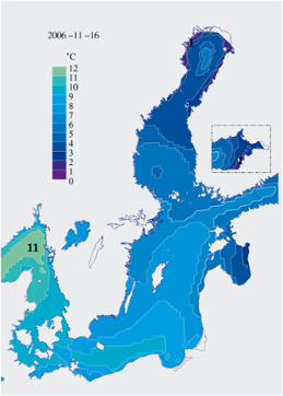 Karta över ytvattentemperatur i havet 16 november 2006