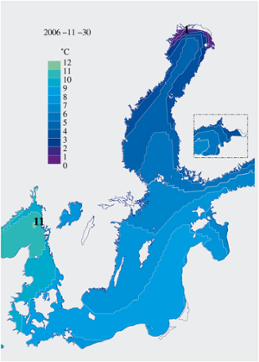 Karta över ytvattentemperatur i havet 30 november 2006 