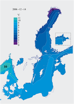 Karta över isutbredning och ytvattentemperatur i havet 14 december 2006