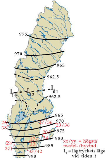Karta som visar lufttrycket under stormen Gudrun