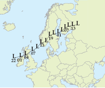 Karta som visar lågtryckets förflyttning vid stormen Gudrun