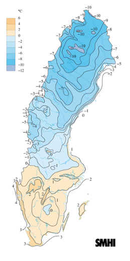 Karta över medeltemperaturen i januari 2005