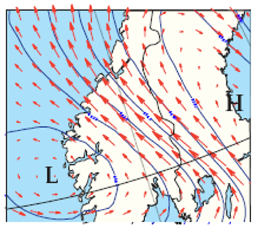 Karta som visar tryck och vind