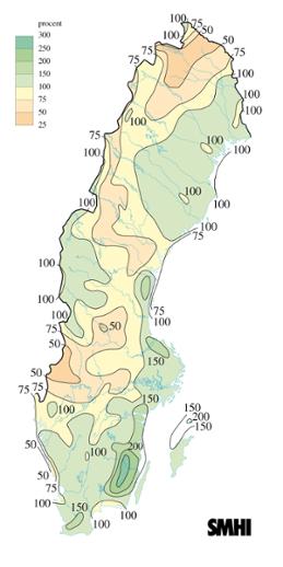 Karta över nederbörd i procent av det normala under februari 2005