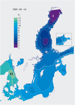 Karta över isutbredning och ytvattentemperatur i havet 15 maj 2005