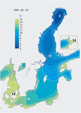 Karta över isutbredning och ytvattentemperatur i havet 30 maj 2005 