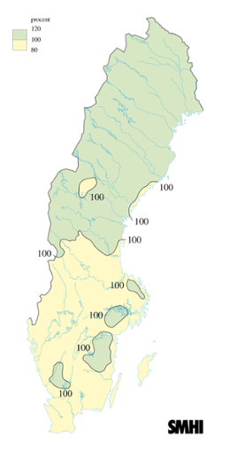 Karta över beräknade markvattenhalt i procent av den normala, 20 maj 2005
