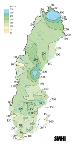 Karta över nederbörd i procent av det normala under maj 2005