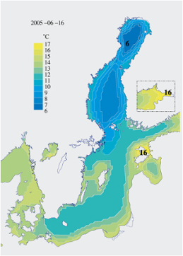Karta över ytvattentemperatur i havet 15 juni 2005