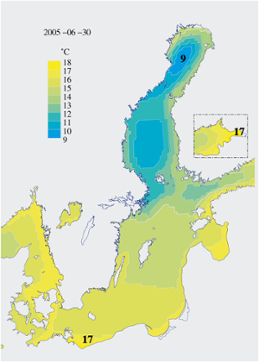 Karta över ytvattentemperatur i havet 30 juni 2005 
