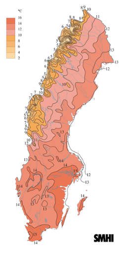 Karta över medeltemperaturen i juni 2005