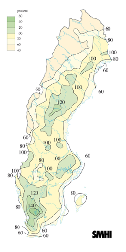 Karta över beräknade markvattenhalt i procent av den normala, 21 juli 2005
