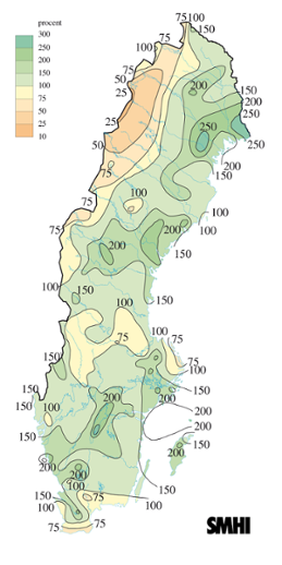 Karta över nederbörd i procent av det normala under juli 2005
