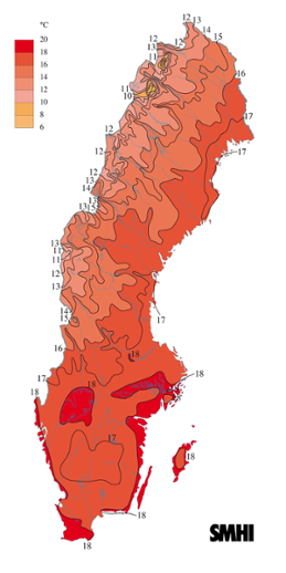 Karta över medeltemperaturen i juli 2005
