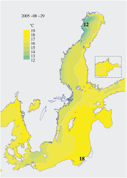 Karta över ytvattentemperatur i havet 29 augusti 2005 