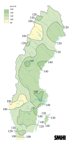 Karta över beräknade markvattenhalt i procent av den normala, 21 augusti 2005