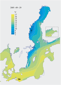 Karta över ytvattentemperatur i havet 29 september 2005 