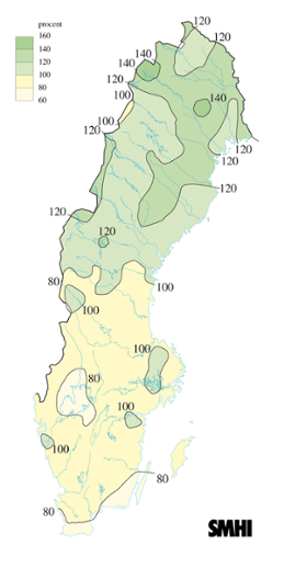 Karta över beräknade markvattenhalt i procent av den normala, 21 september 2005