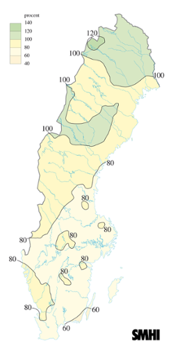 Karta över beräknade markvattenhalt i procent av den normala, 21 oktober 2005