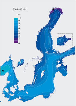 Karta över ytvattentemperatur i havet 1 december 2005
