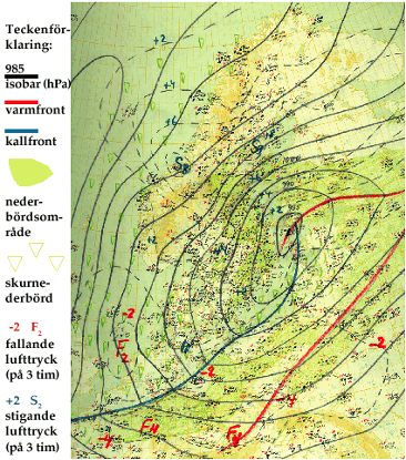 Karta som visar väderläget vid ovädret 1954