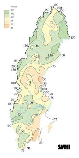 Karta över nederbörd i procent av det normala under februari 2004