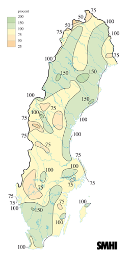 Karta över nederbörd i procent av det normala under mars 2004