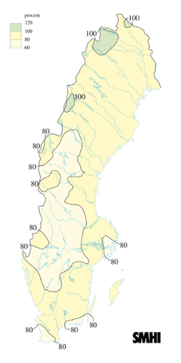Karta över beräknade markvattenhalt i procent av den normala, 20 maj 2004