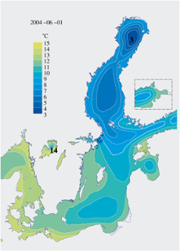 Karta över isutbredning och ytvattentemperatur i havet 1 juni 2004