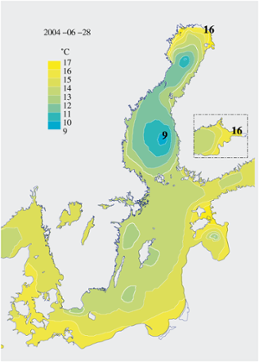 Karta över ytvattentemperatur i havet 28 juni 2004 