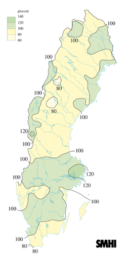 Karta över beräknade markvattenhalt i procent av den normala, 20 juni 2004