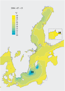 Karta över ytvattentemperatur i havet 15 juli 2009