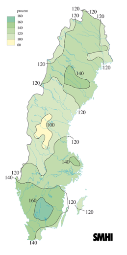 Karta över beräknade markvattenhalt i procent av den normala, 20 juli 2004