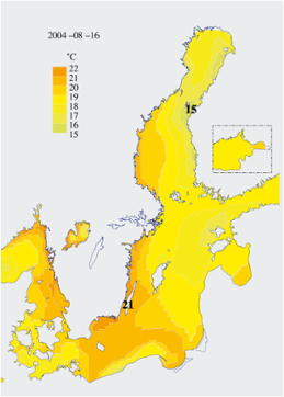 Karta över ytvattentemperatur i havet 16 augusti 2004