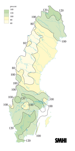 Karta över beräknade markvattenhalt i procent av den normala, 20 augusti 2004