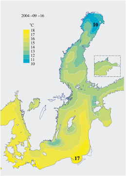 Karta över ytvattentemperatur i havet 16 september 2004