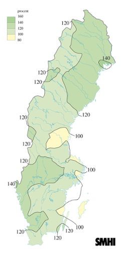 Karta över beräknade markvattenhalt i procent av den normala, 22 september 2004