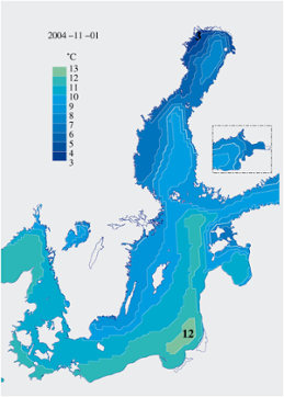 Karta över ytvattentemperatur i havet 1 november 2004