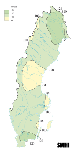Karta över beräknade markvattenhalt i procent av den normala, 21 oktober 2004