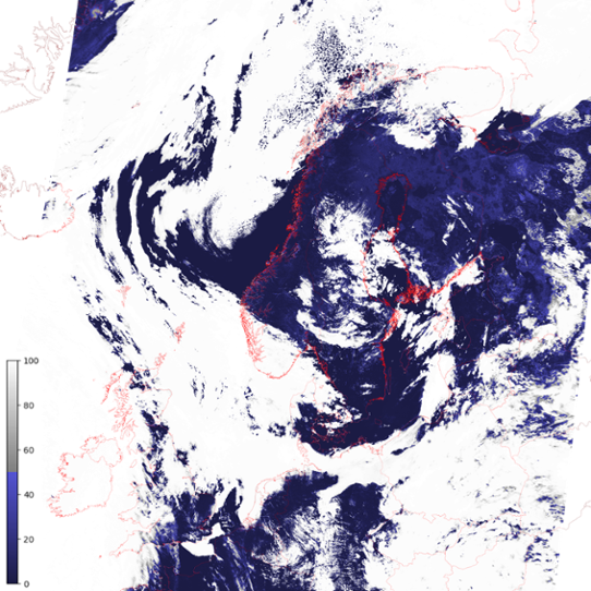 Satellitbild som visar molnsannolikhet, med etikett som förklarar färgerna 0-100%