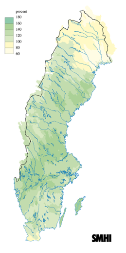 Karta över beräknade markvattenhalt i procent av den normala, 27 juli 2009