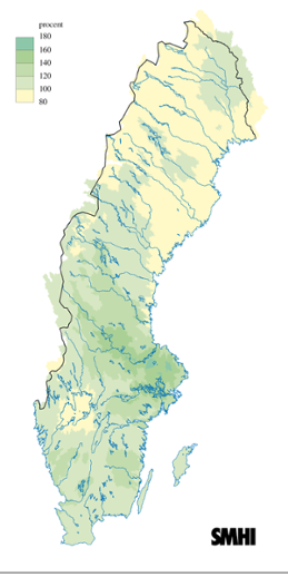 Karta över beräknade markvattenhalt i procent av den normala, 23 juni 2009