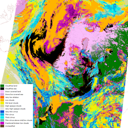 Satellitbild med färger som visar molntyp