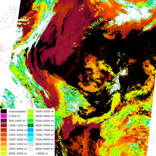 Satellitbild som visar molntopsstemperatur och höjd, med etikett som beskriver vad färgerna betyde. 