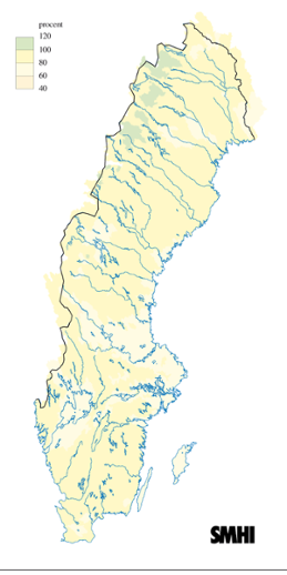 Karta över beräknade markvattenhalt i procent av den normala, 20 maj 2009