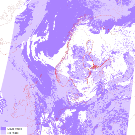 Satellit bild som visar molnfas, med etikett som visar vad färgerna betyder.