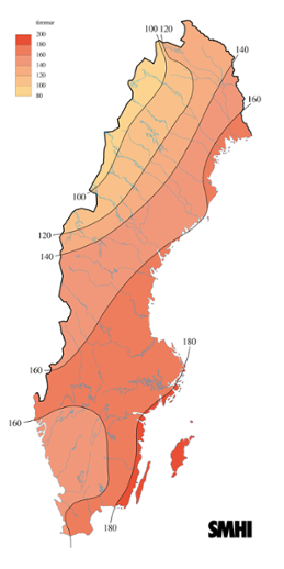 Karta över antal soltimmar under mars 2014