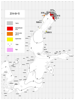 Karta över is och ytvattentemperatur i havet 15 april 2014